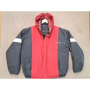 Vintage Nautica Reversible Puffer Jacket L Hooded Competition Sailing Sport vtg